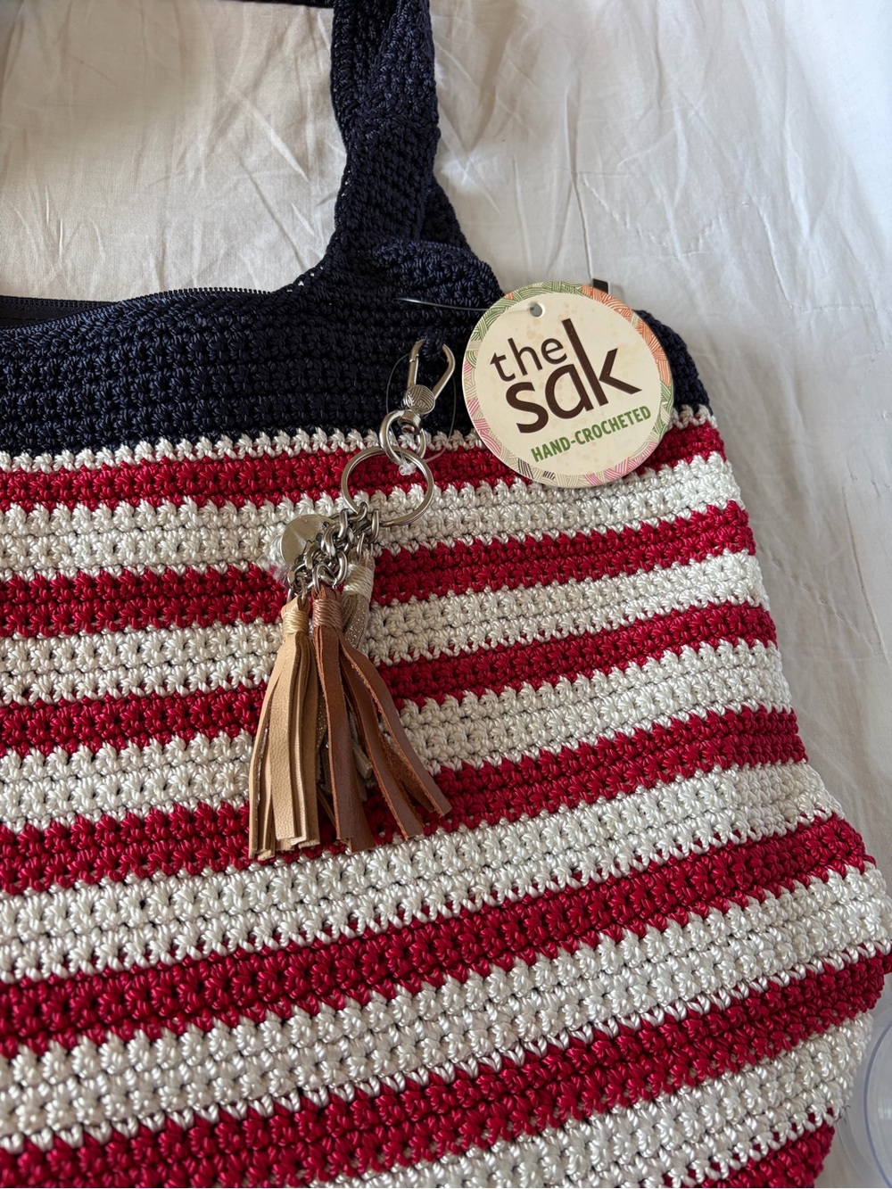The Sak Crochet American Flag Tote in Navy, Red & White with Tassel Charm - Picture 3 of 9